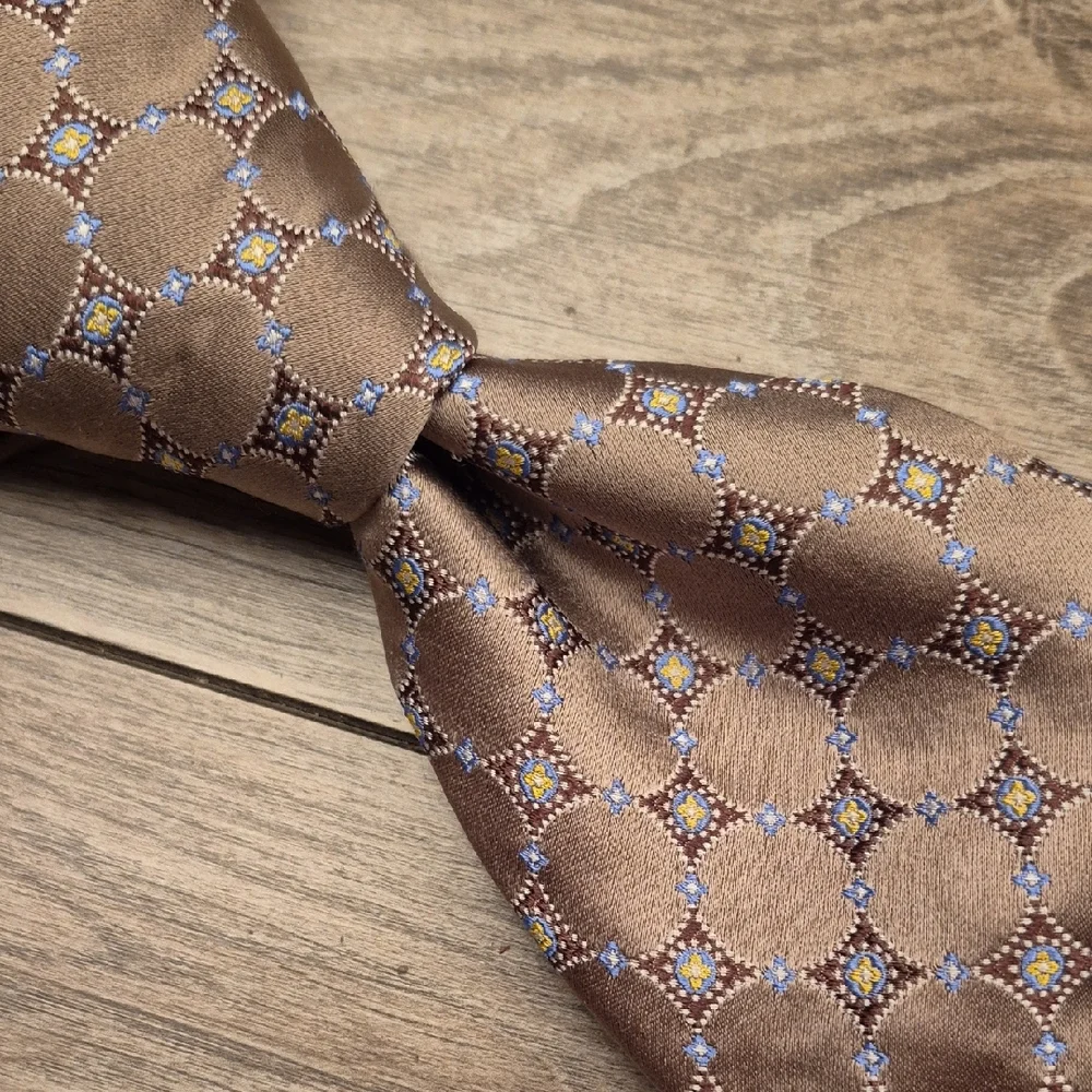 ROBERT TALBOTT Best‎ of Class Metallic  Light Brown Silver Circles Mens Silk Tie